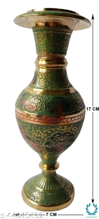 MOZO HUB Hand Crafted Green color Kashmiri Glass pattern Brass Flower Vase 17 CM